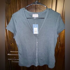 Black V-Neck Button-Up Women's Top